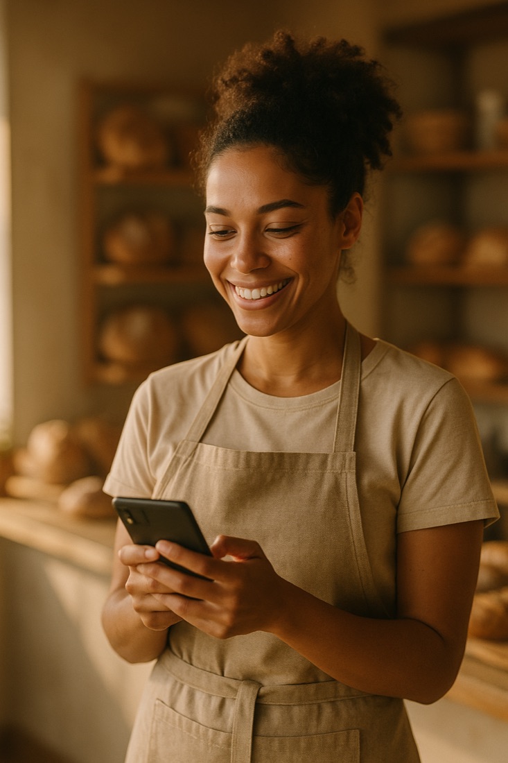 Dona de negócio respondendo clientes pelo celular